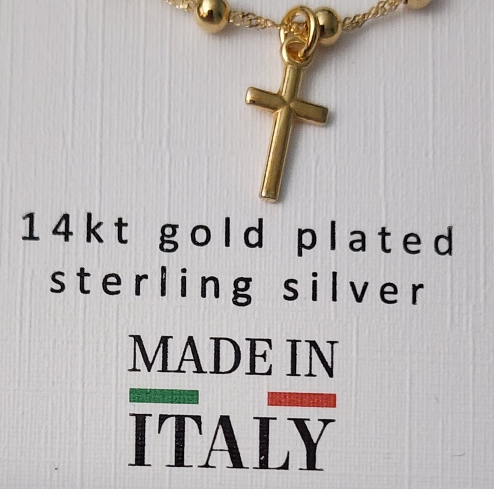 14k Gold on Sterling Silver Cross fixed pendant satellite 16"+2 necklace, NEW! - Picture 2 of 11